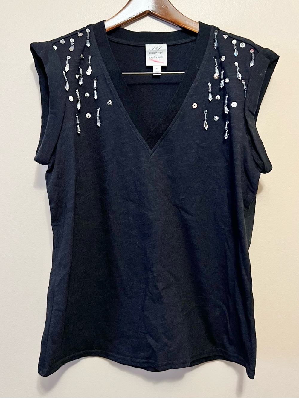 cinq a sept Black V-Neck Tank with Silver Bead Fringe